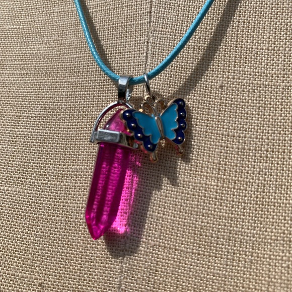 Handmade Dagger Hot Pink Resin Crystal Amulet Necklace & Butterfly Charm - Picture 6 of 7